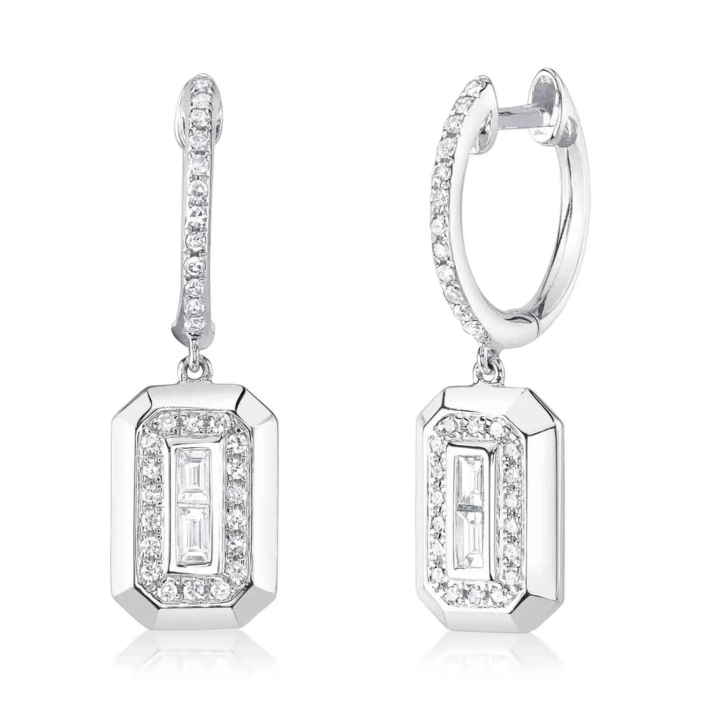 14k w baguette drop huggie earring
