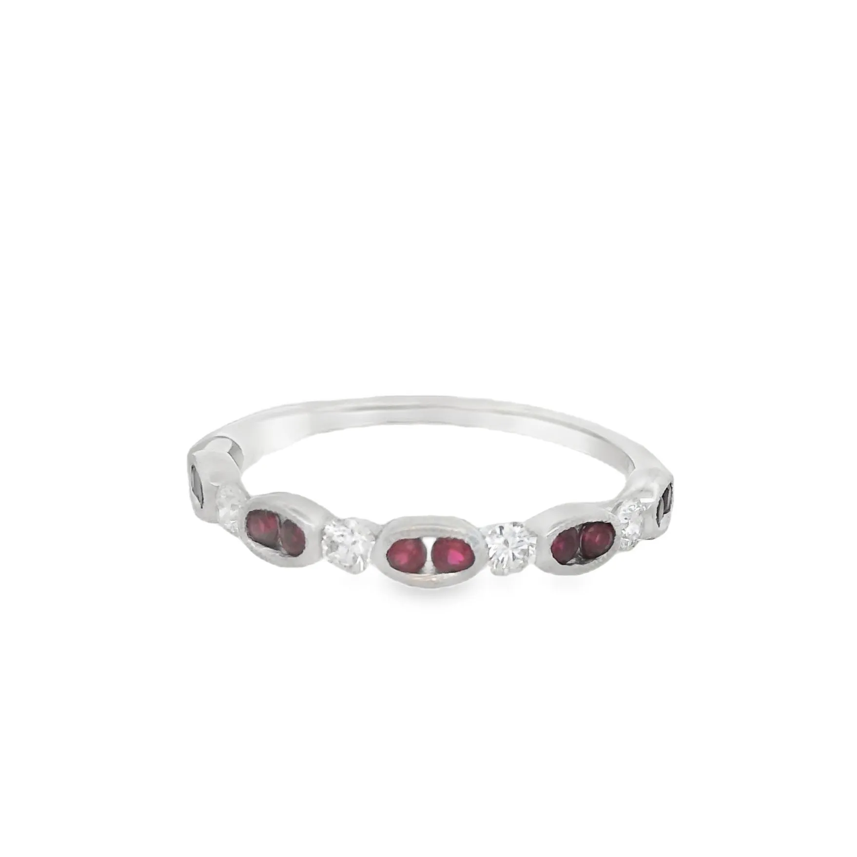 14K White Gold 0.21ct Diamond and Ruby Stackable Women's Wedding Band