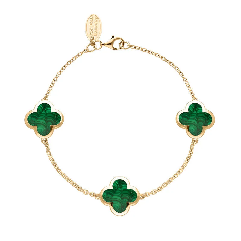 18ct Rose Gold Malachite Bloom Four Leaf Clover Chain Bracelet