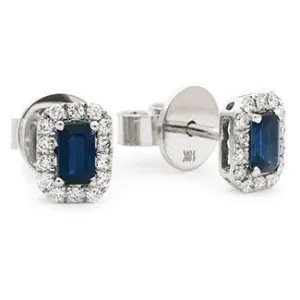 18ct WHITE GOLD Sapphire and Diamond 0.90ct Emerald Cut Halo Earrings Women's 8mm GIFT Box