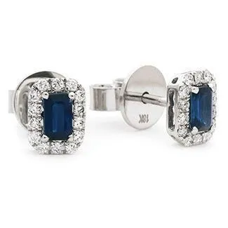 18ct WHITE GOLD Sapphire and Diamond 0.90ct Emerald Cut Halo Earrings Women's 8mm GIFT Box