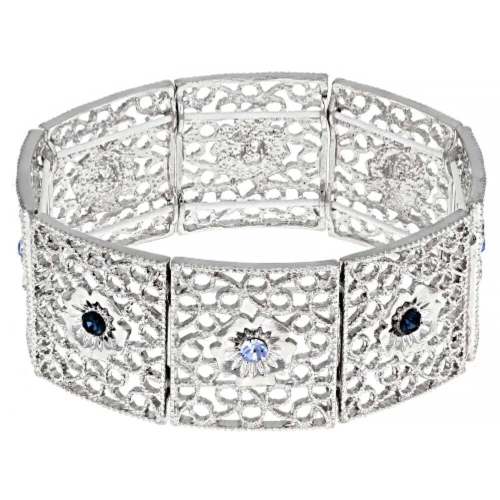 1928 Jewelry Sapphire Blue Crystal Filigree Stretch Bracelet