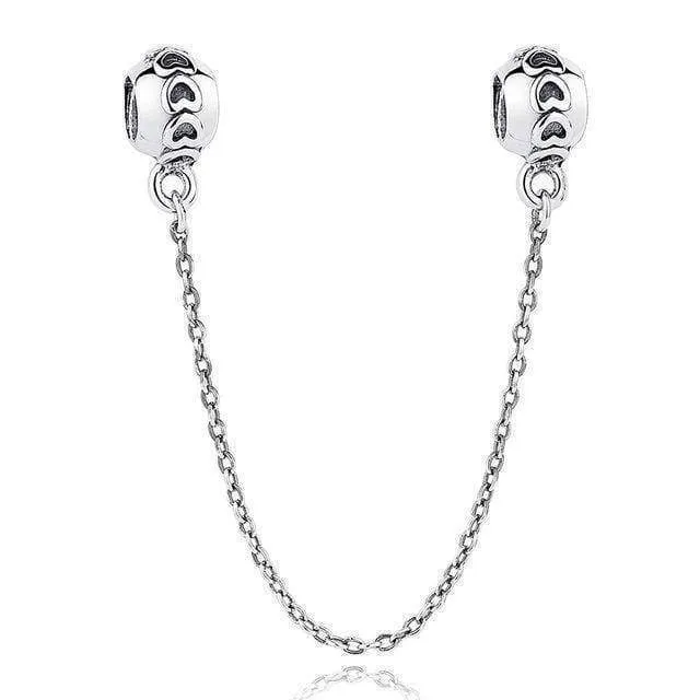 7 Styles, 925 Sterling Silver Pave Safety Chains, Clear CZ Stopper Charms Fit Pan Charm Bracelet