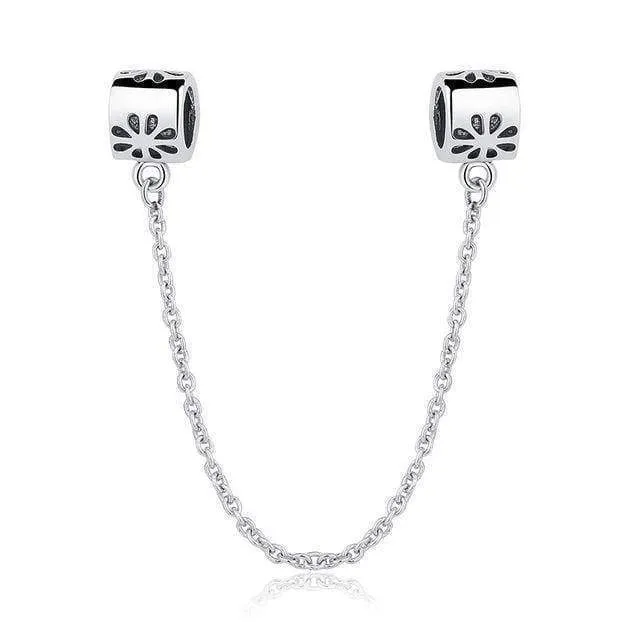 7 Styles, 925 Sterling Silver Pave Safety Chains, Clear CZ Stopper Charms Fit Pan Charm Bracelet