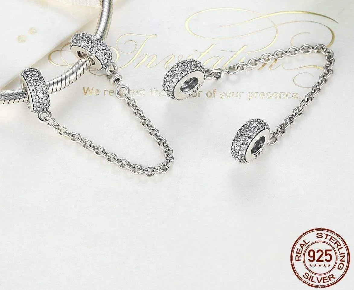 7 Styles, 925 Sterling Silver Pave Safety Chains, Clear CZ Stopper Charms Fit Pan Charm Bracelet