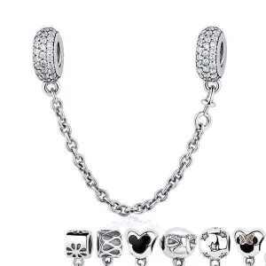 7 Styles, 925 Sterling Silver Pave Safety Chains, Clear CZ Stopper Charms Fit Pan Charm Bracelet