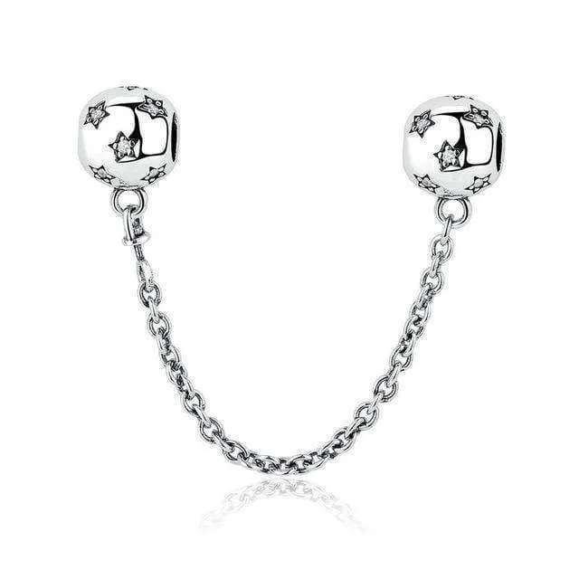 7 Styles, 925 Sterling Silver Pave Safety Chains, Clear CZ Stopper Charms Fit Pan Charm Bracelet