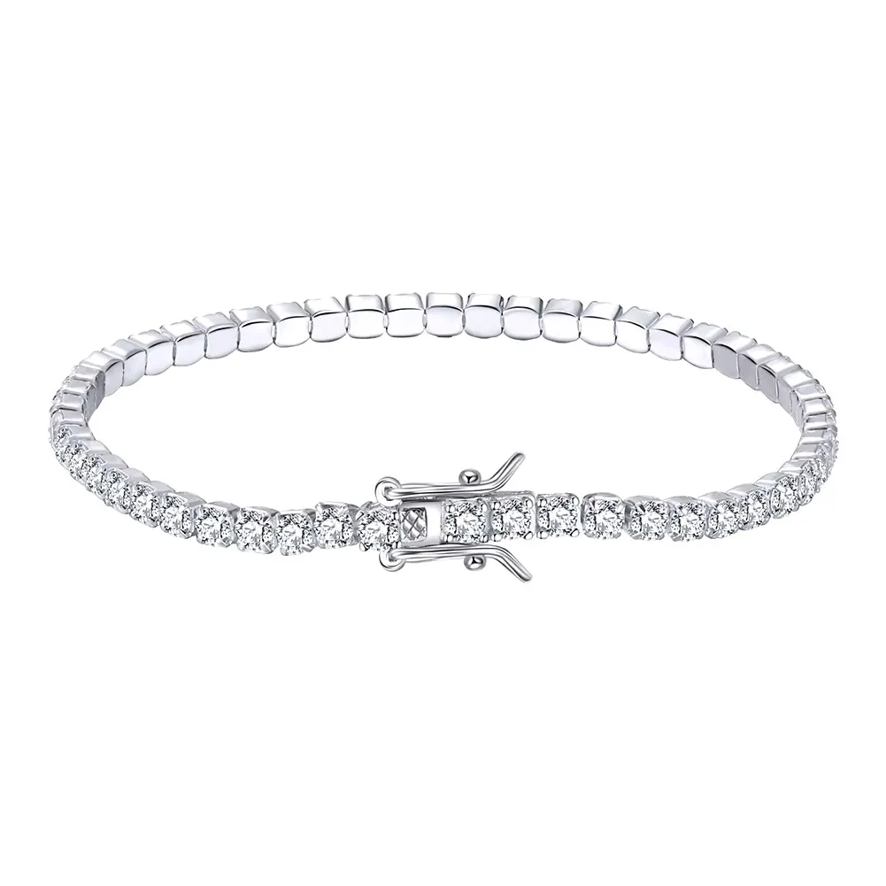 925 Sterling Silver Rhodium Plating Tennis Bracelet 3mm White 5A CZ Round Brilliant Cut