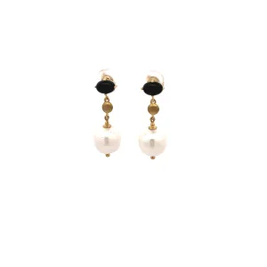9ct Yellow Gold Onyx and Pearl Drop Earrings