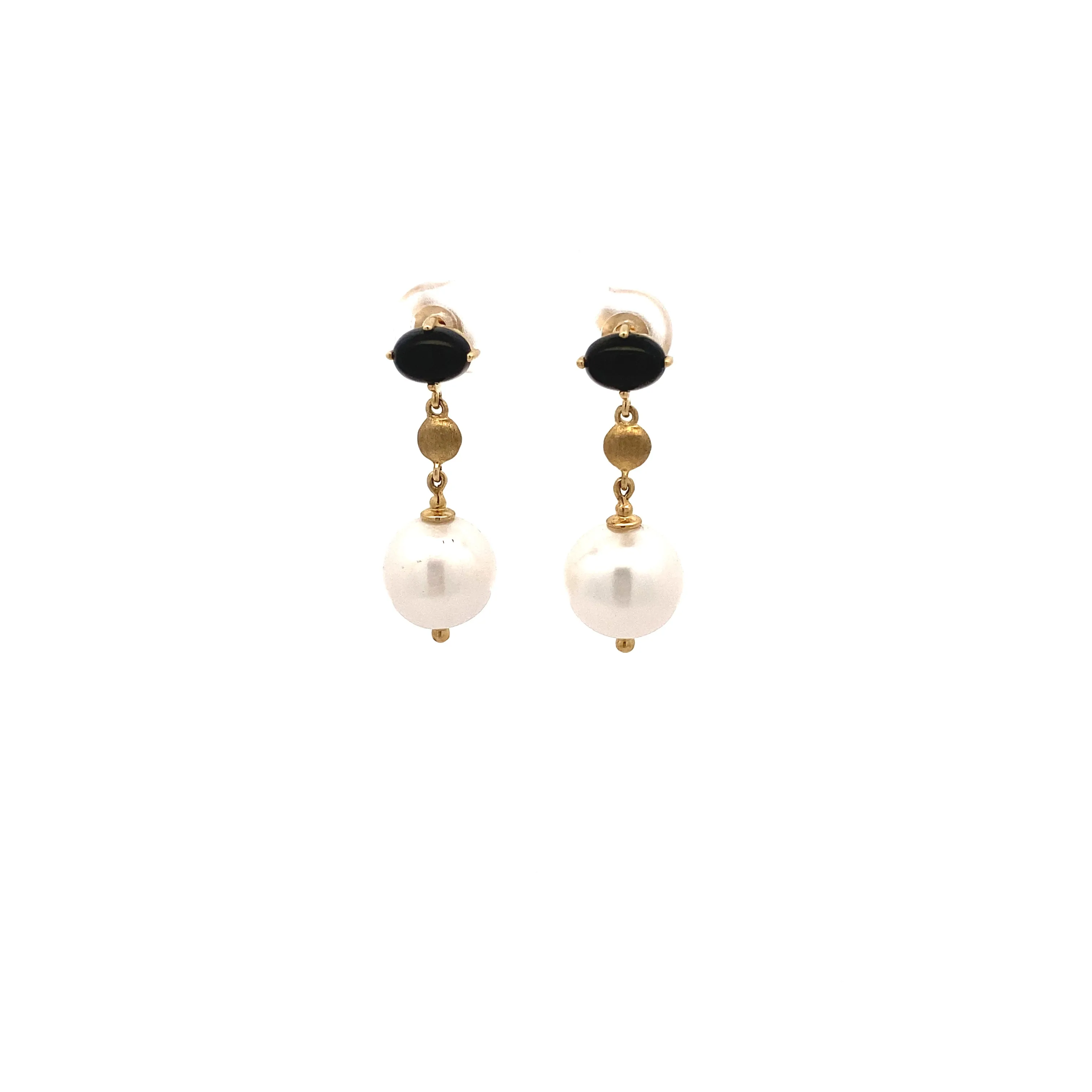 9ct Yellow Gold Onyx and Pearl Drop Earrings