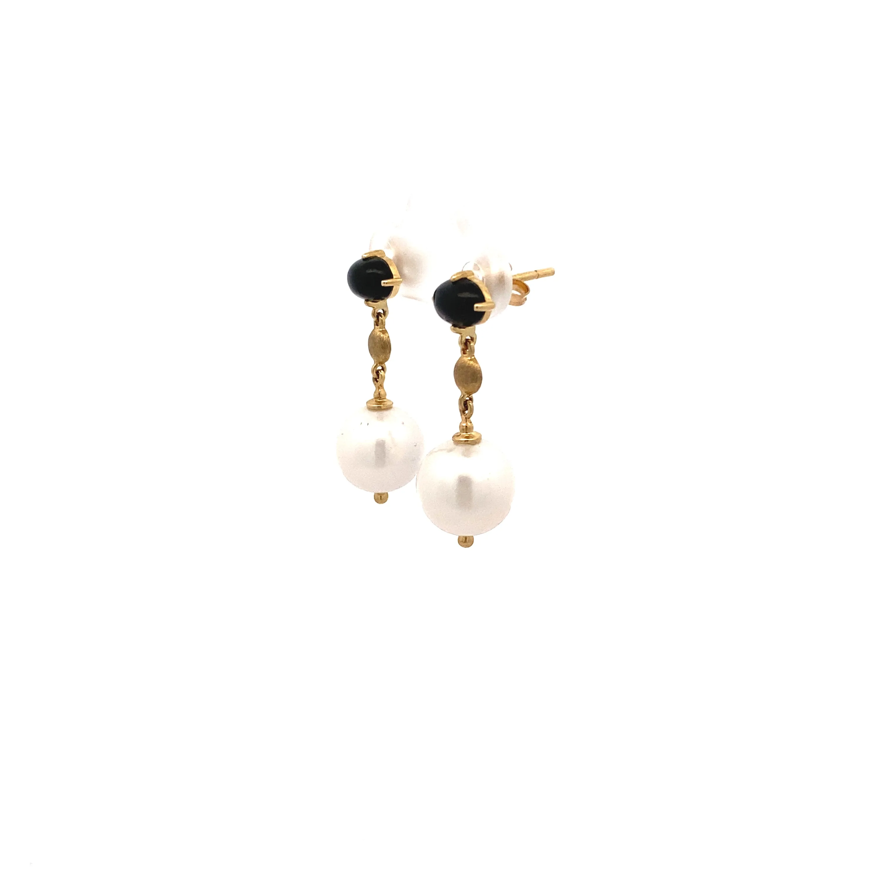 9ct Yellow Gold Onyx and Pearl Drop Earrings