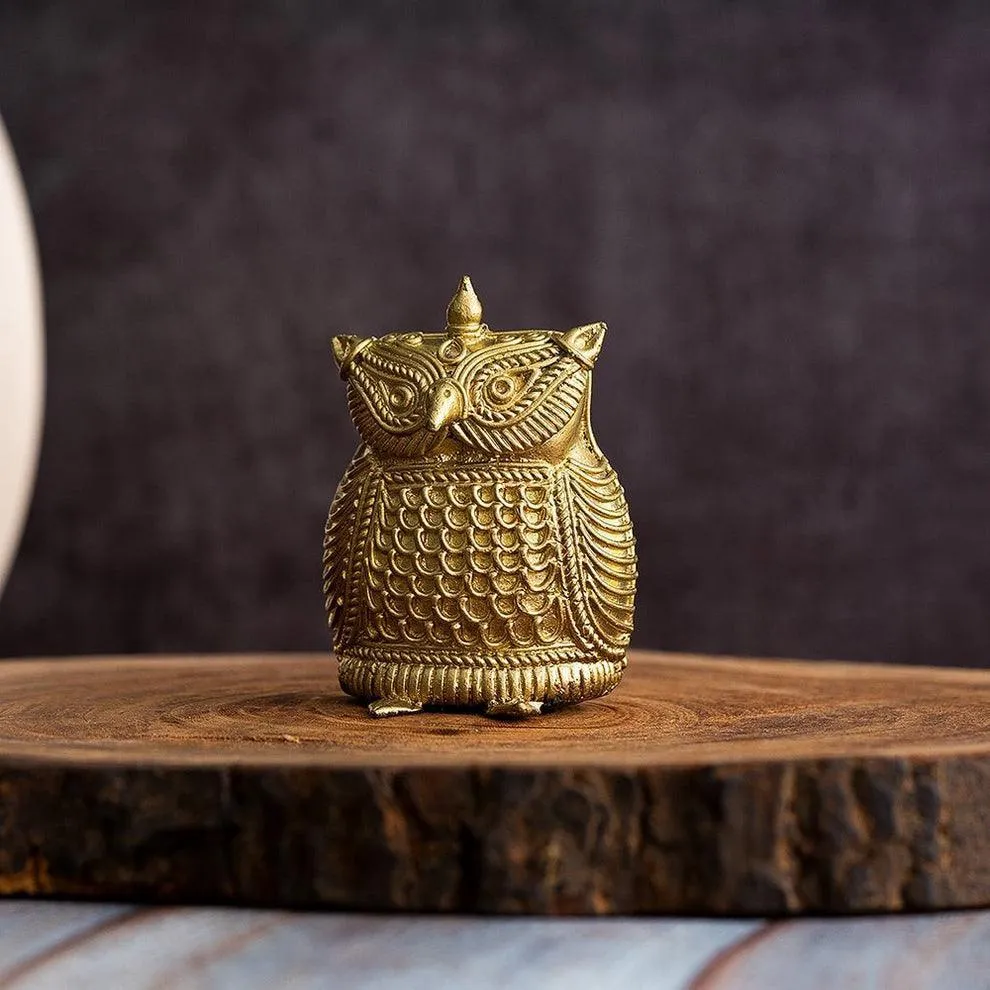 Antique Owl Statue Dokra Design| Vastu Showpiece Brass Finish