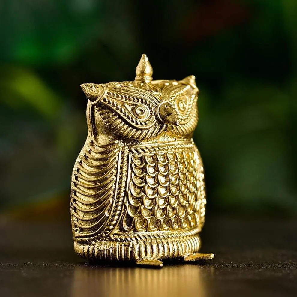 Antique Owl Statue Dokra Design| Vastu Showpiece Brass Finish