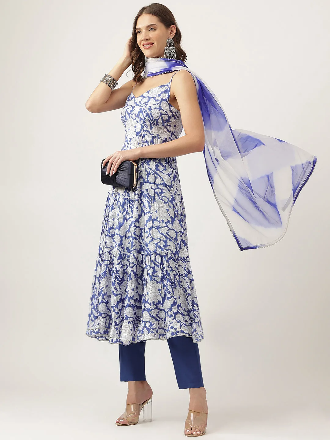 Blue Muslin Floral Printed Kurta, Trouser With Dupatta Set