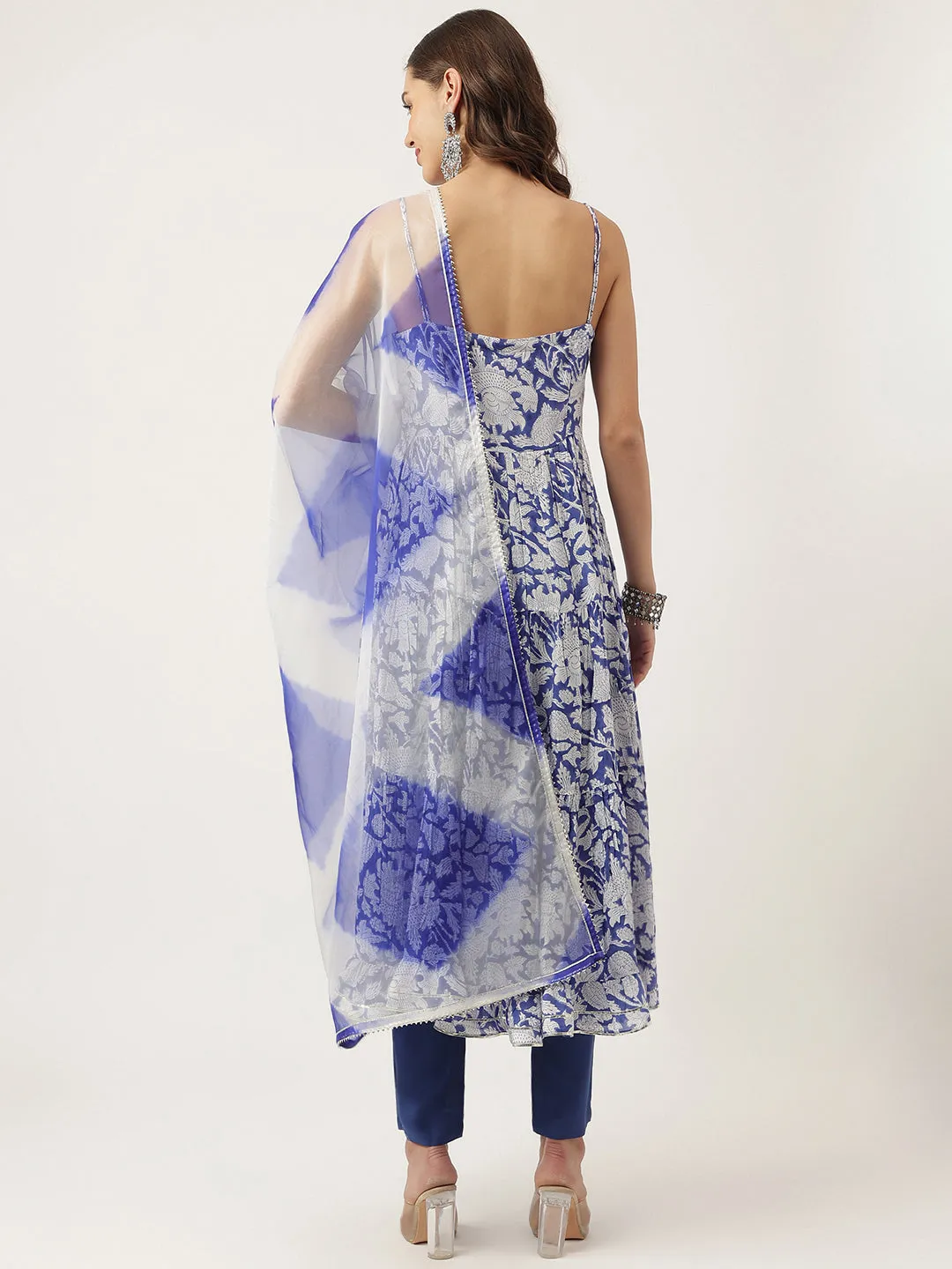 Blue Muslin Floral Printed Kurta, Trouser With Dupatta Set