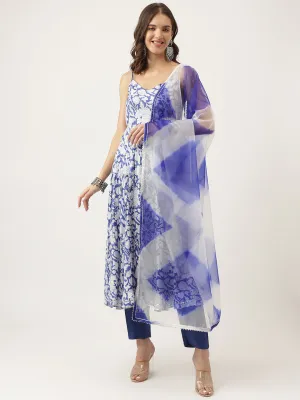 Blue Muslin Floral Printed Kurta, Trouser With Dupatta Set