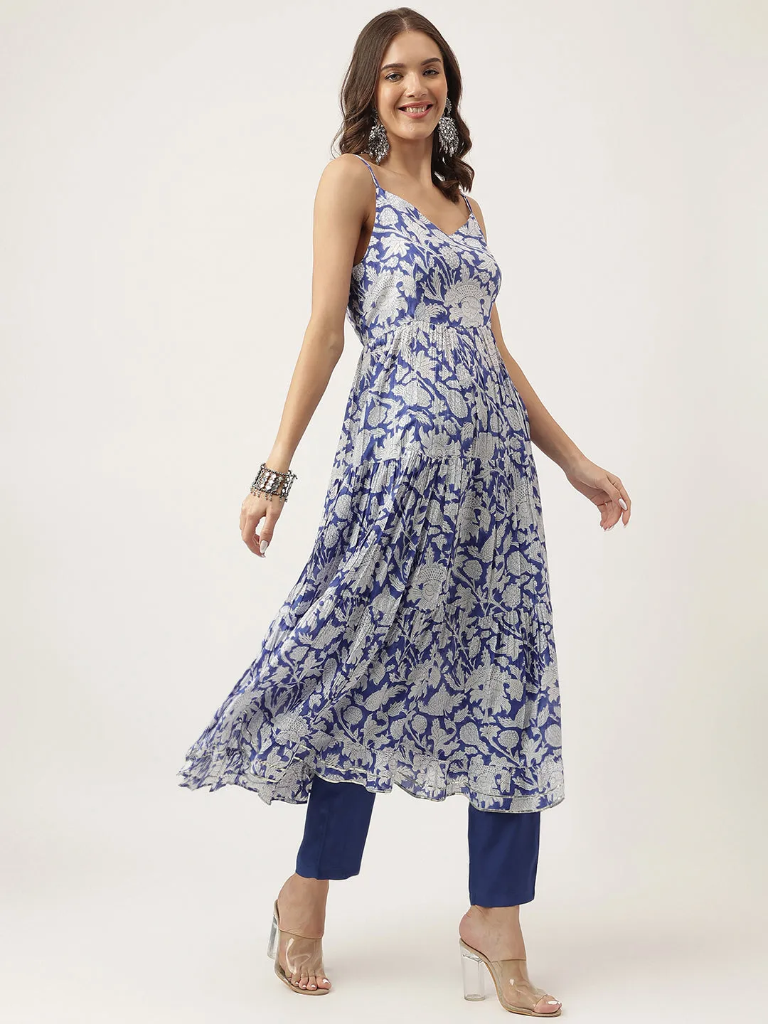 Blue Muslin Floral Printed Kurta, Trouser With Dupatta Set