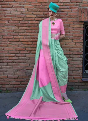 Classic Pink-Sea Green Handloom Silk Trendy Saree