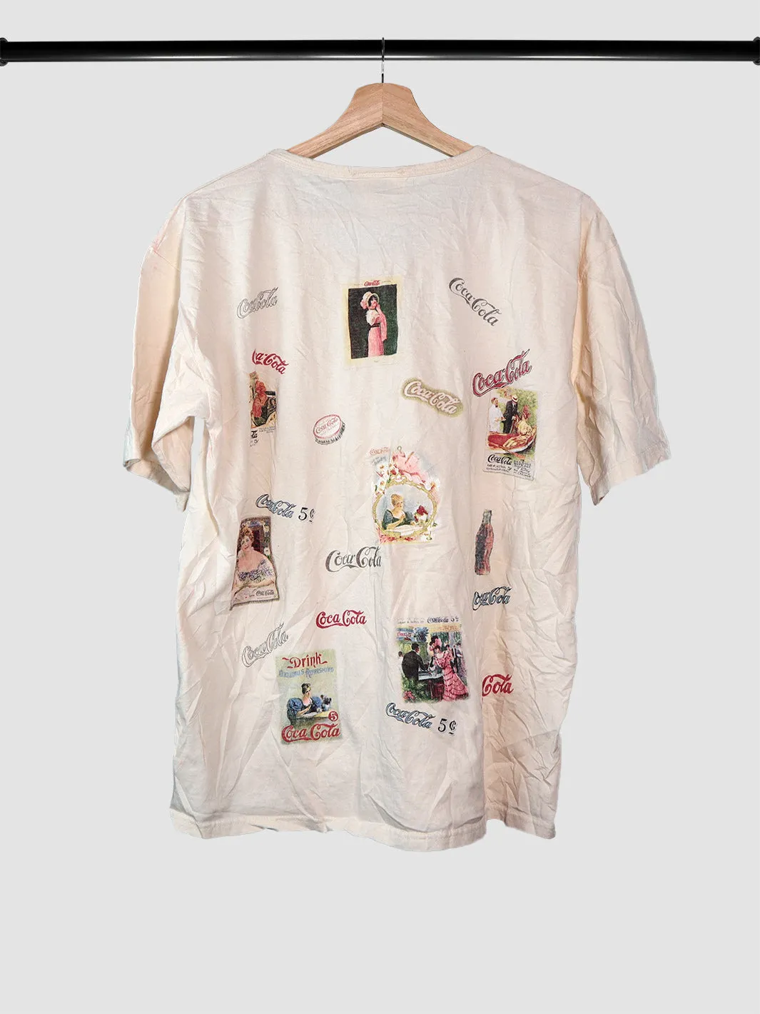 Coca-Cola Brand Merchandise All Over Print Logos Vintage T-Shirt (L)