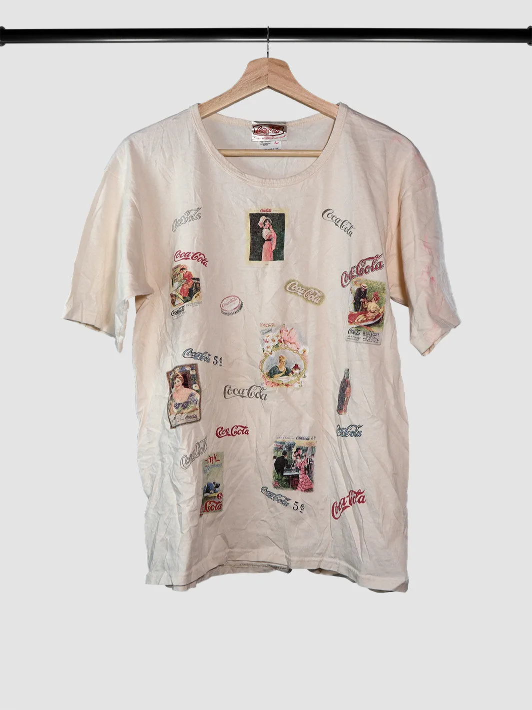 Coca-Cola Brand Merchandise All Over Print Logos Vintage T-Shirt (L)