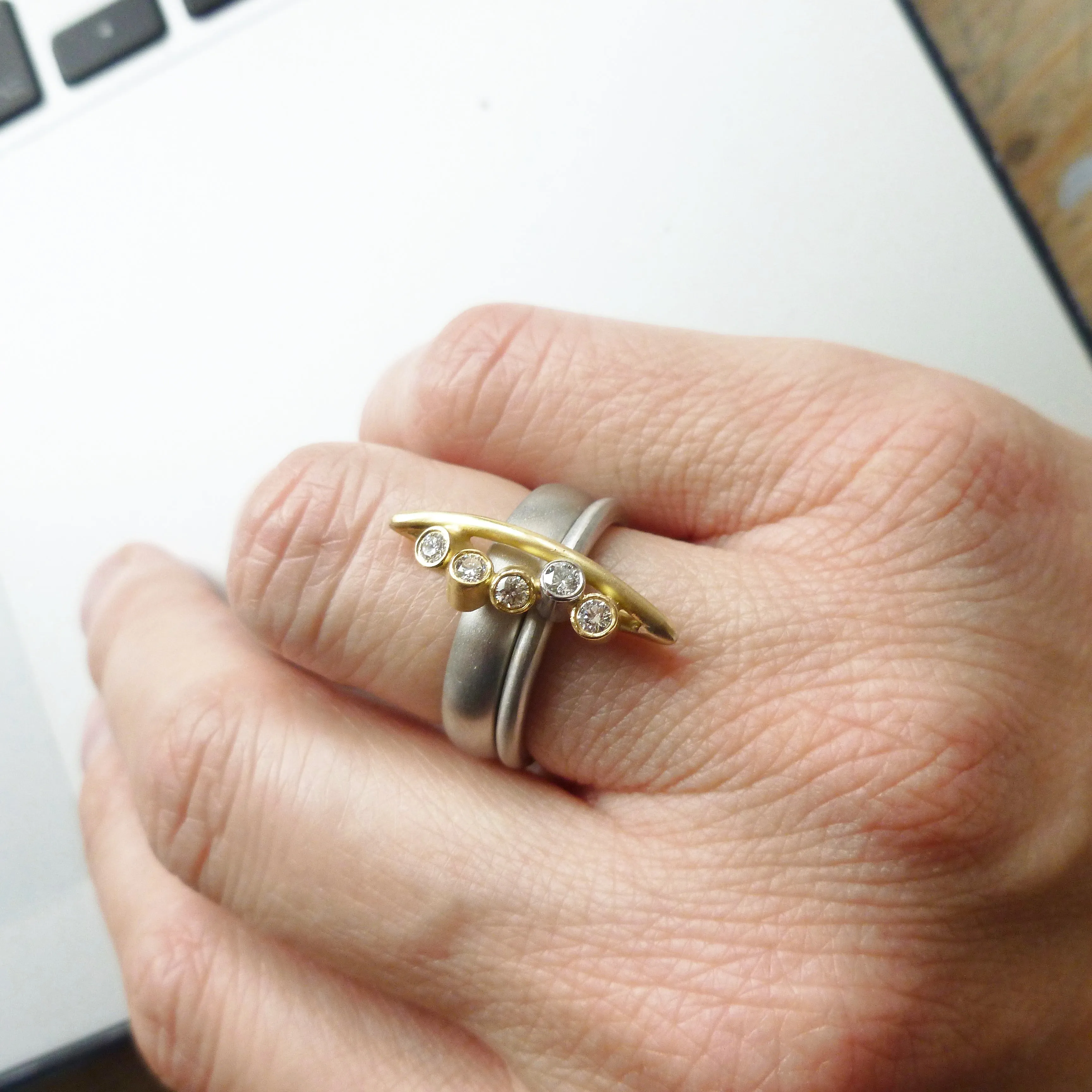 Contemporary platinum and 18ct yellow gold and diamond ring