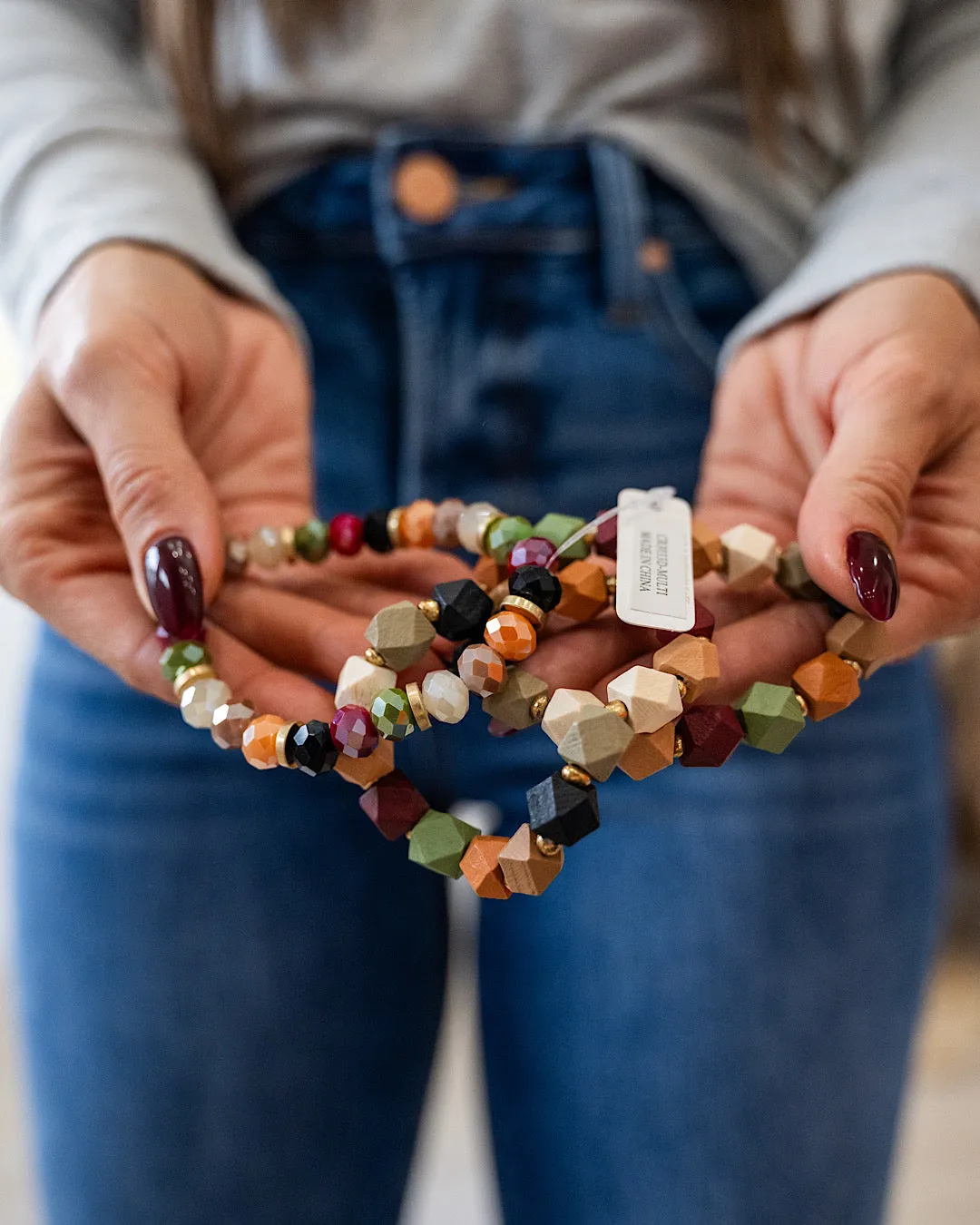Earthtone Wood and Glass Beaded Bracelet Set