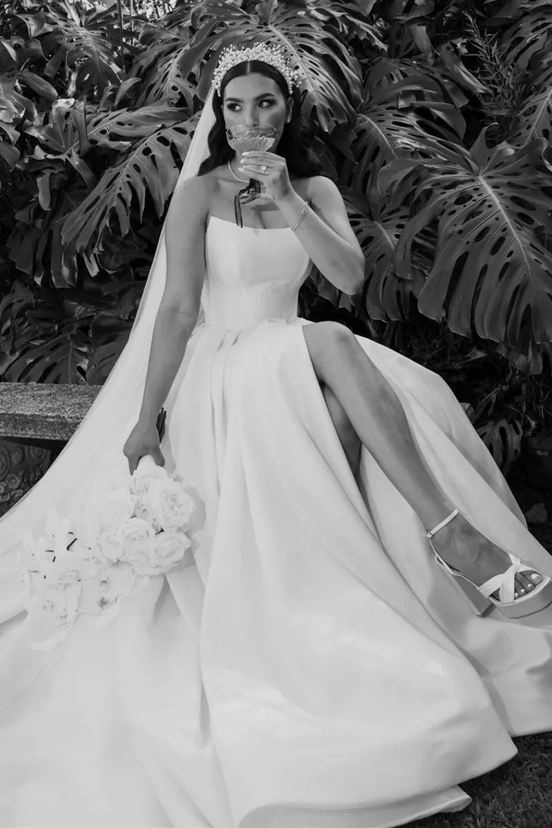 Elegant A-Line Strapless Satin Wedding Dress with Slit VK24052303