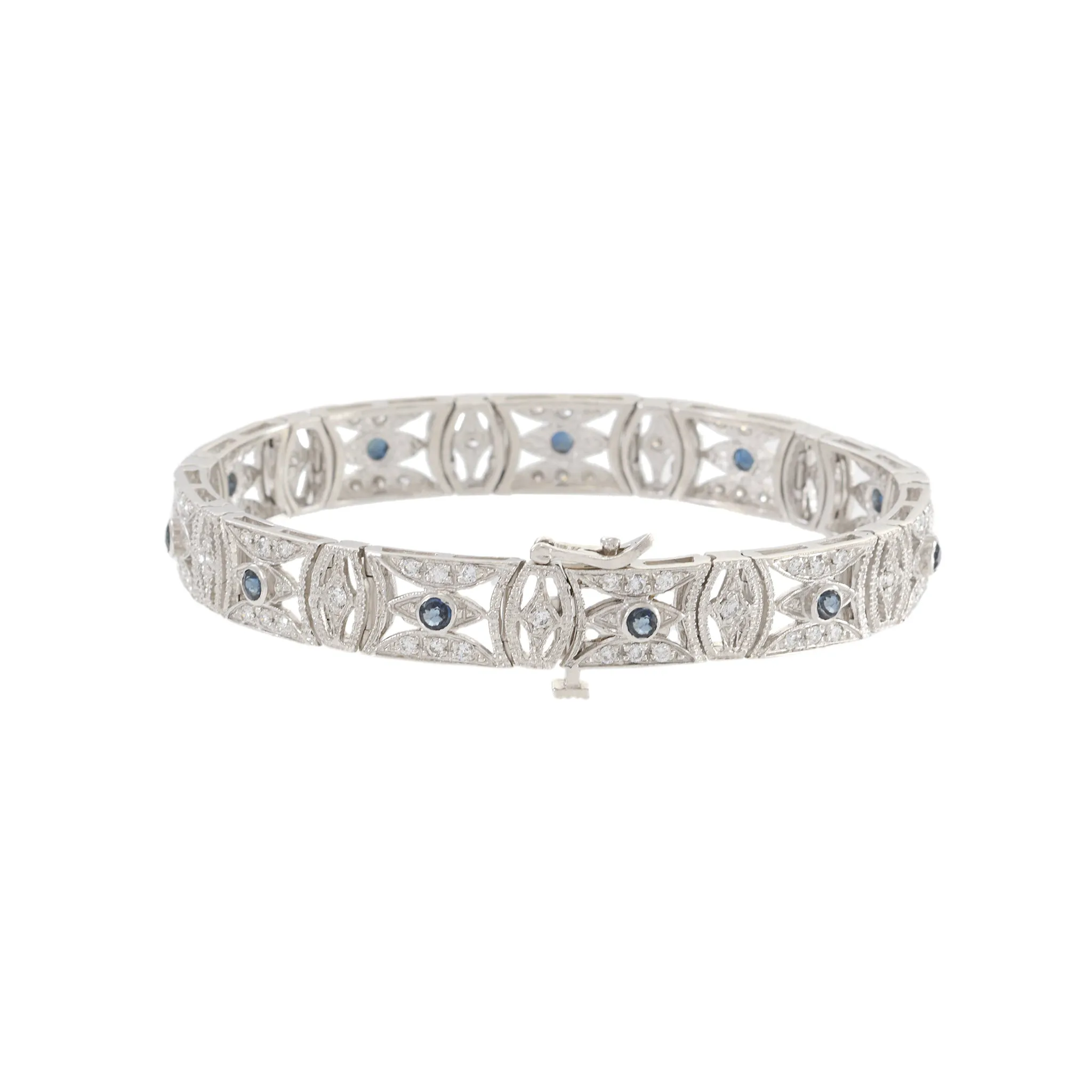 Estate 14KT White Gold Filigree Sapphire and Diamond Bracelet