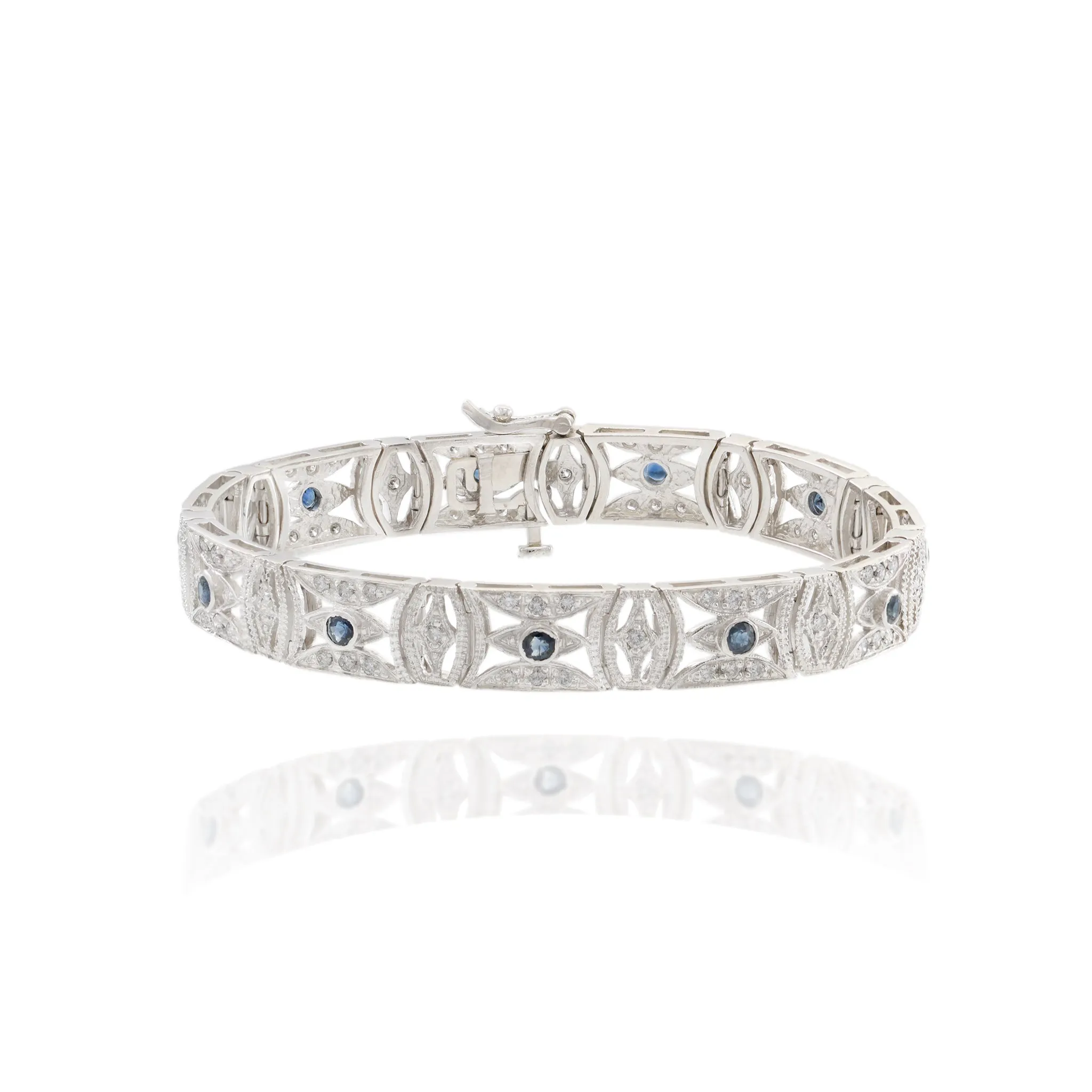 Estate 14KT White Gold Filigree Sapphire and Diamond Bracelet