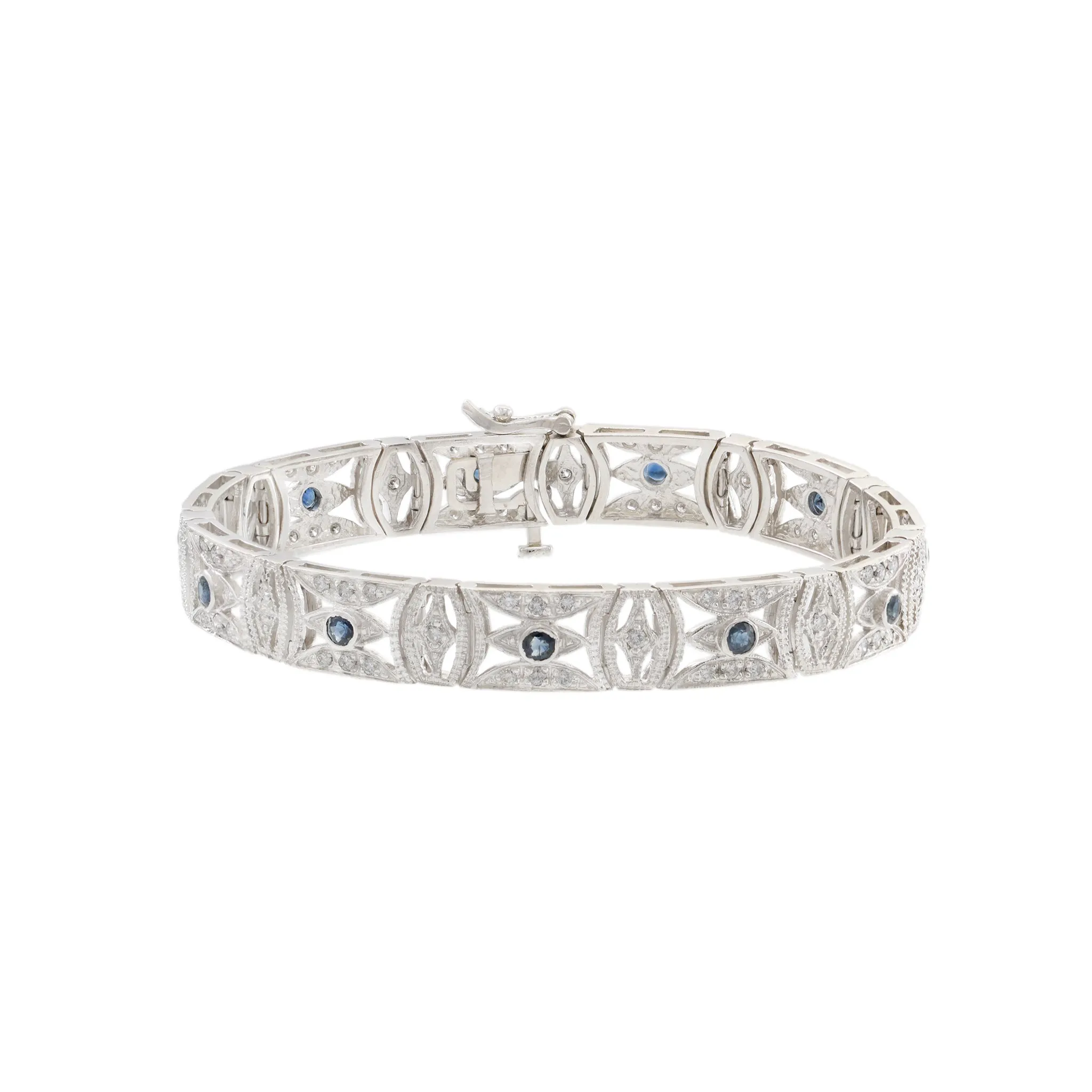 Estate 14KT White Gold Filigree Sapphire and Diamond Bracelet