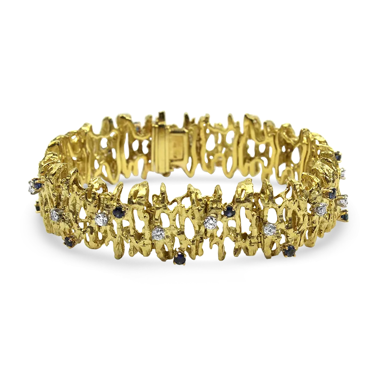 Estate 18k Yellow Gold Diamond & Sapphire Bark Bracelet