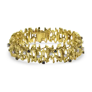 Estate 18k Yellow Gold Diamond & Sapphire Bark Bracelet