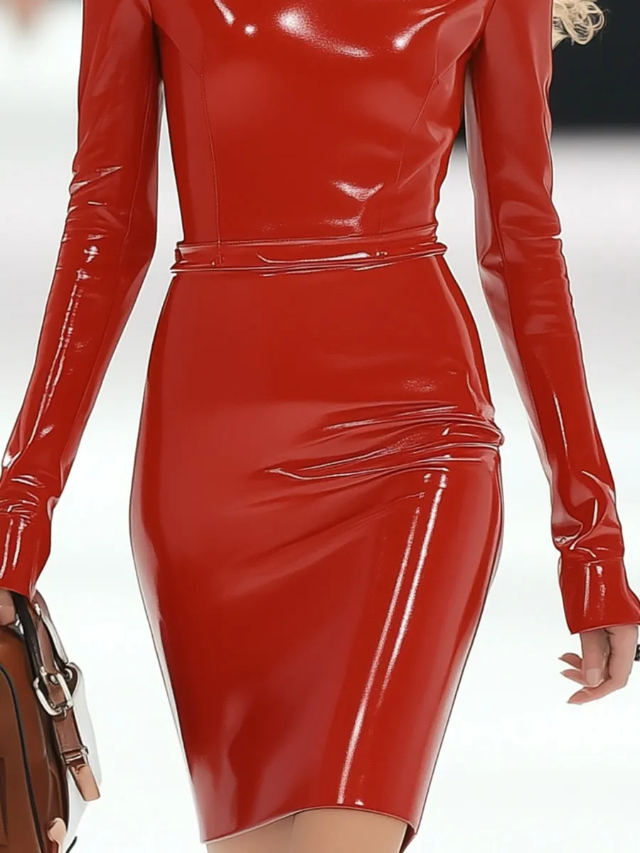 Fashionable and Passionate Half-high Collar Red Long-sleeved Leather Mini Dress