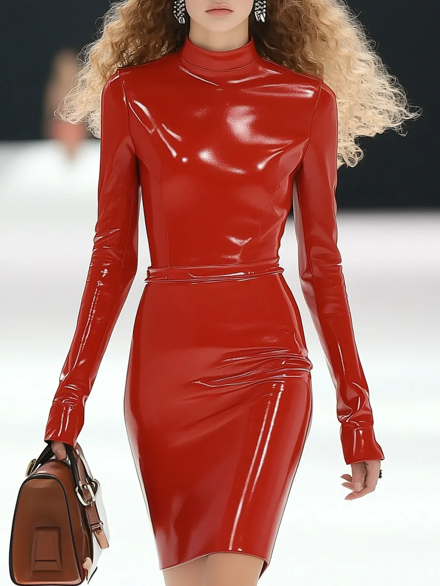 Fashionable and Passionate Half-high Collar Red Long-sleeved Leather Mini Dress