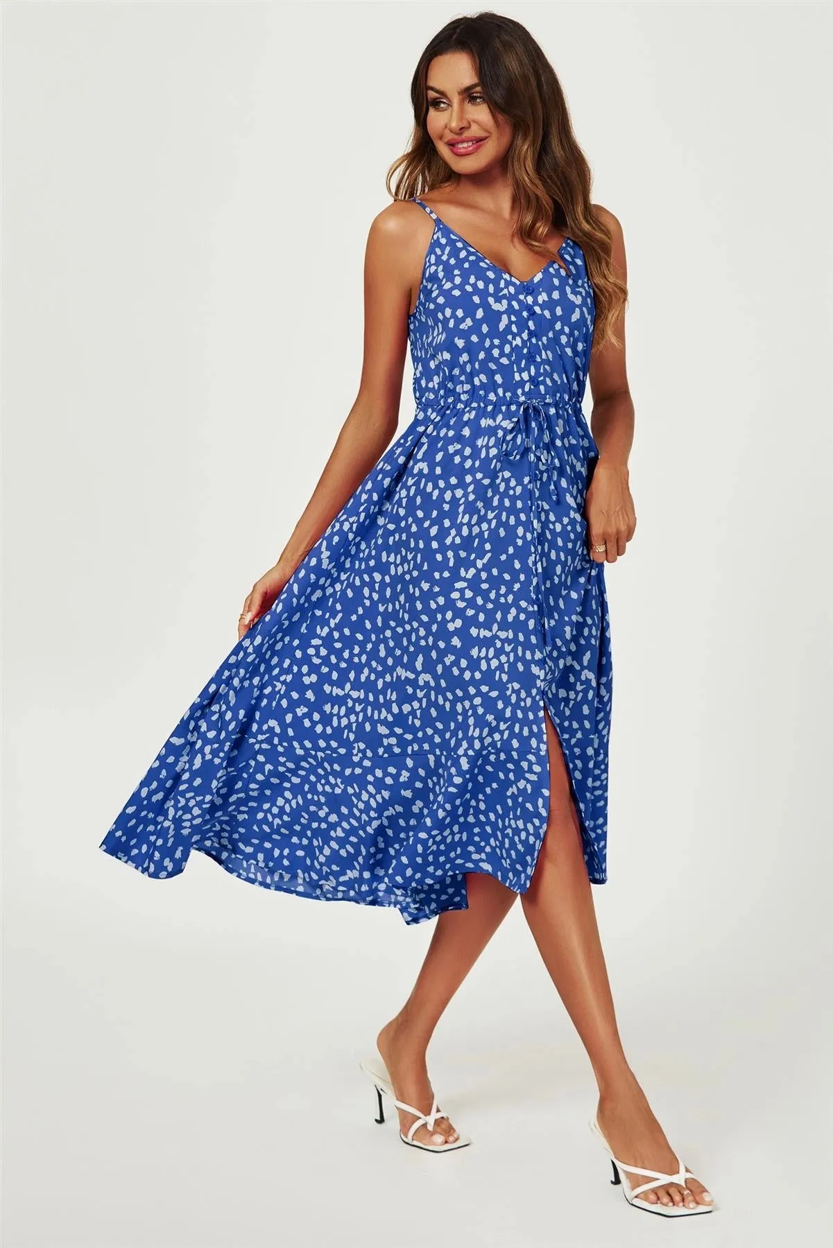 FS Collection Button Front Cami Blue Leopard Dress