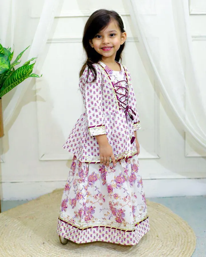 Girls Pure Cotton Jaipur Block Printed Festive Suit Sets - Purple