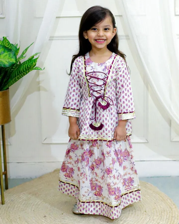 Girls Pure Cotton Jaipur Block Printed Festive Suit Sets - Purple