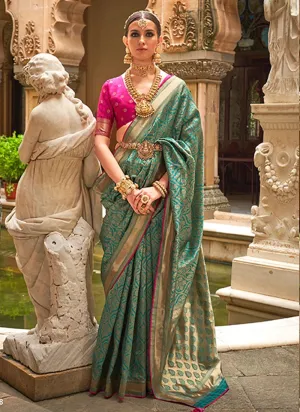 Green Banarasi Silk Jacquard Weaving Worked Designer Saree