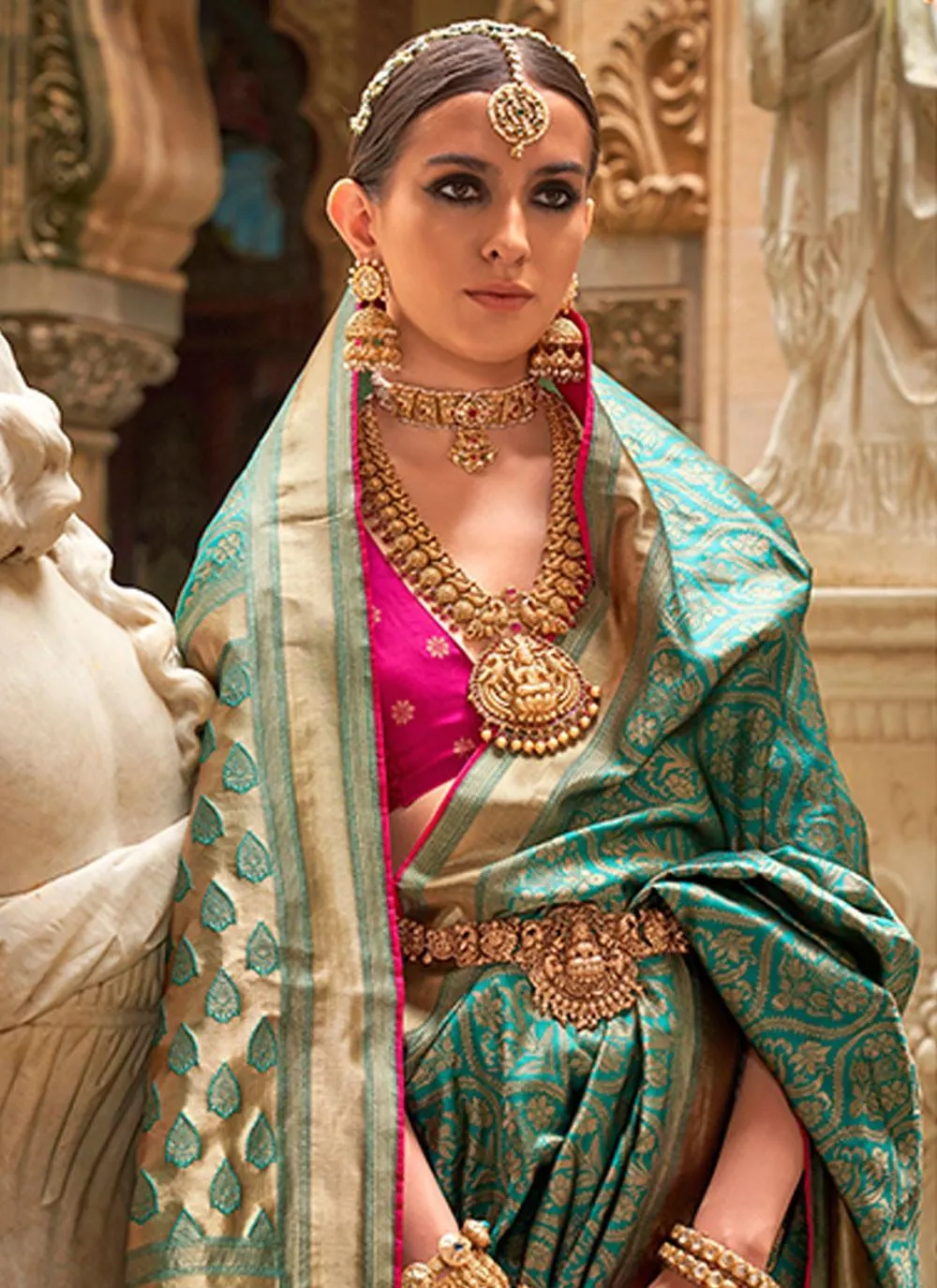Green Banarasi Silk Jacquard Weaving Worked Designer Saree
