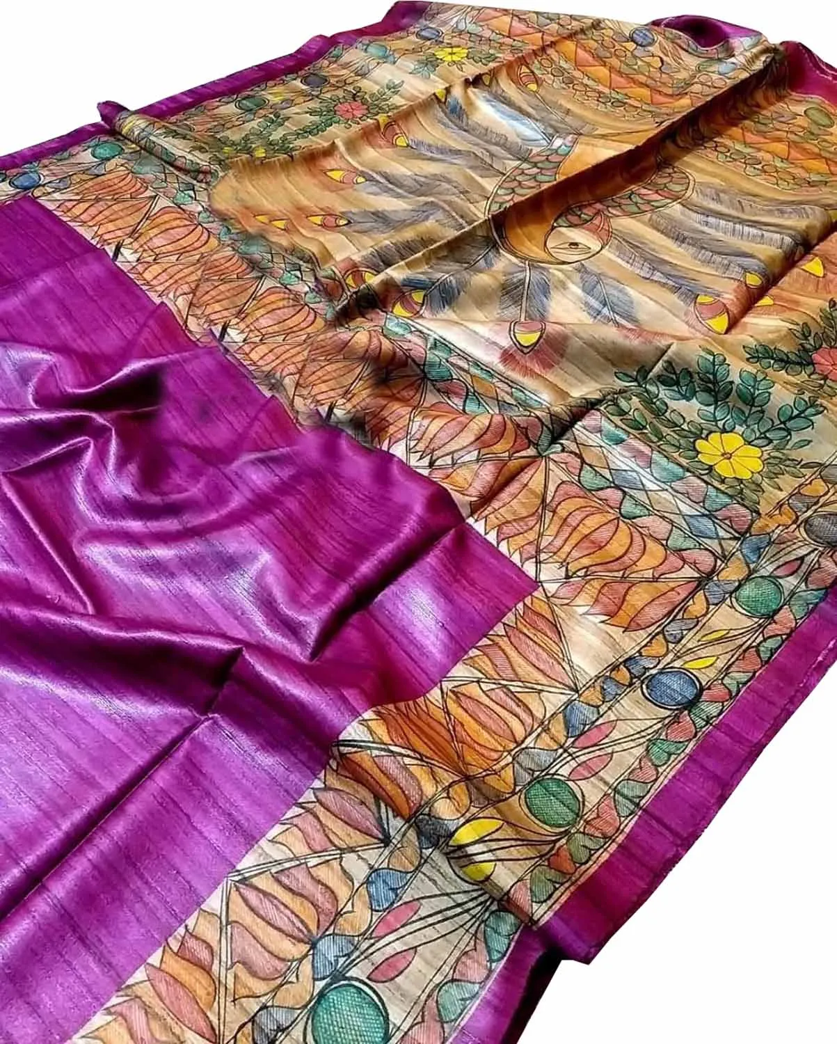 Hand Painted Madhubani Tussar Silk Saree in Pink