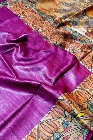 Hand Painted Madhubani Tussar Silk Saree in Pink