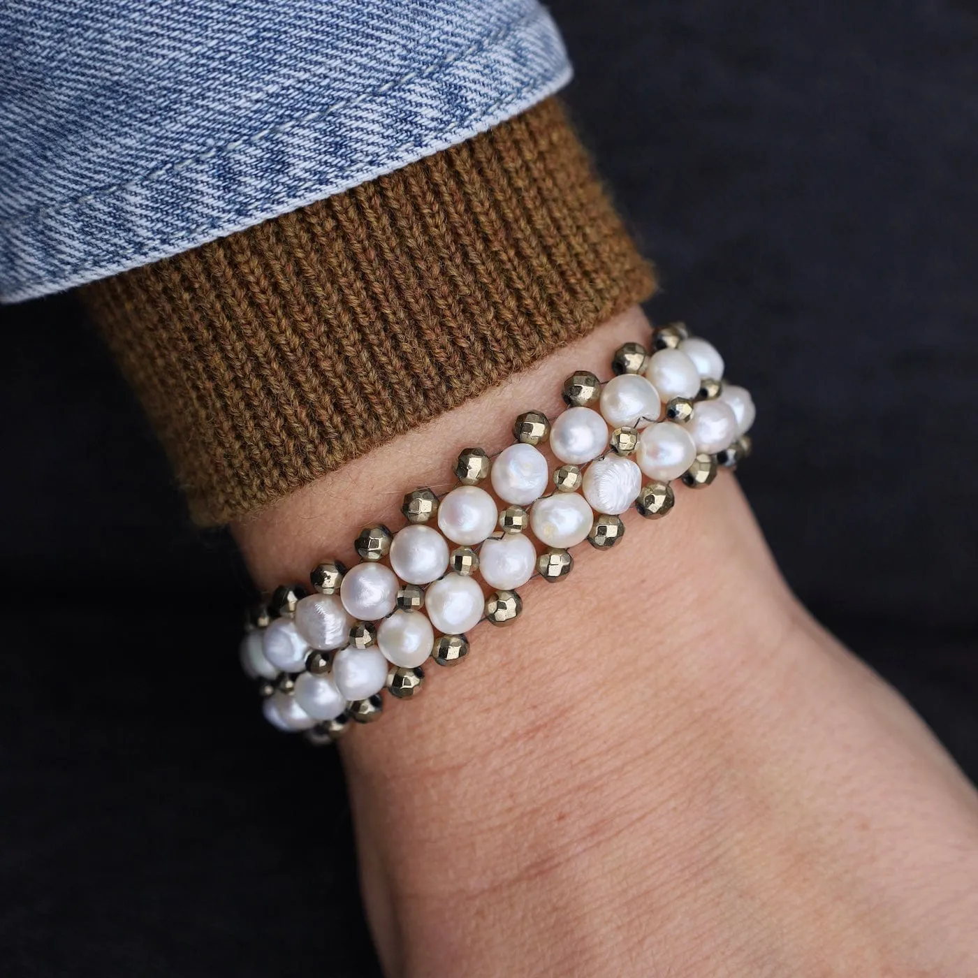 Hand Woven Soft Bracelet of White Pearls & Pyrite