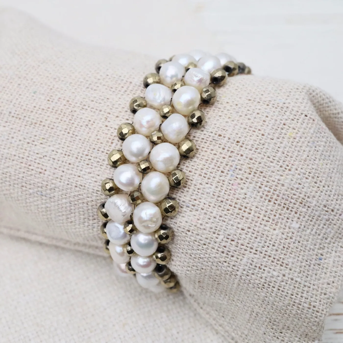 Hand Woven Soft Bracelet of White Pearls & Pyrite