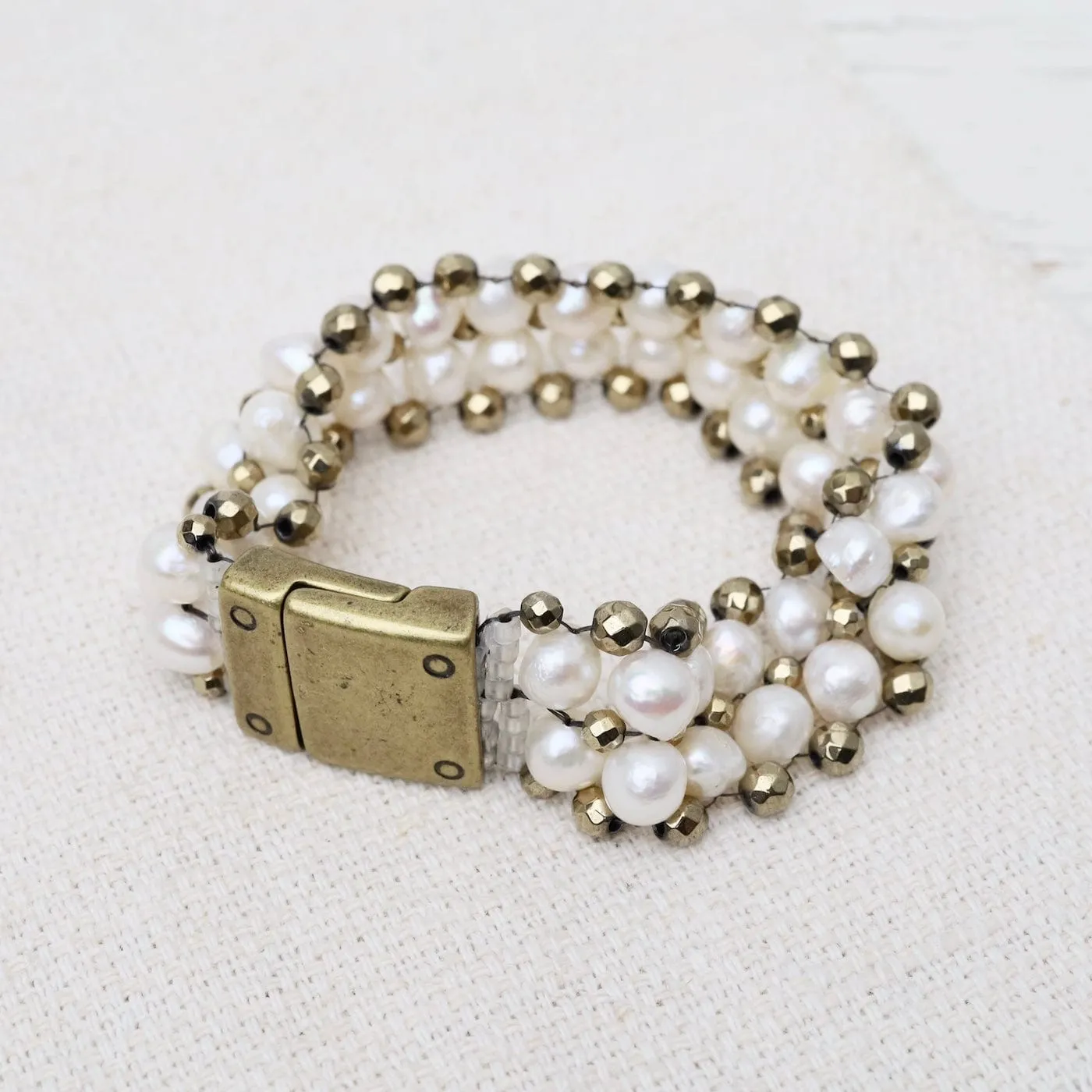 Hand Woven Soft Bracelet of White Pearls & Pyrite