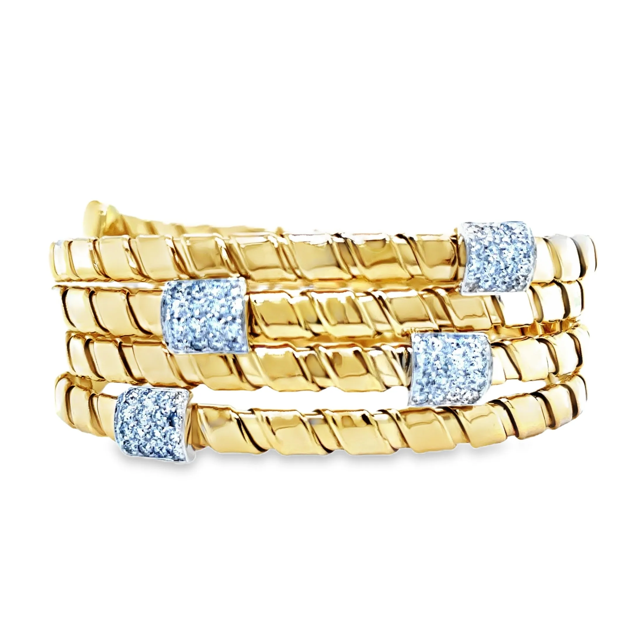Italian Diamond Yellow Gold Wrap Around Spiral Flexible Bangle Bracelet
