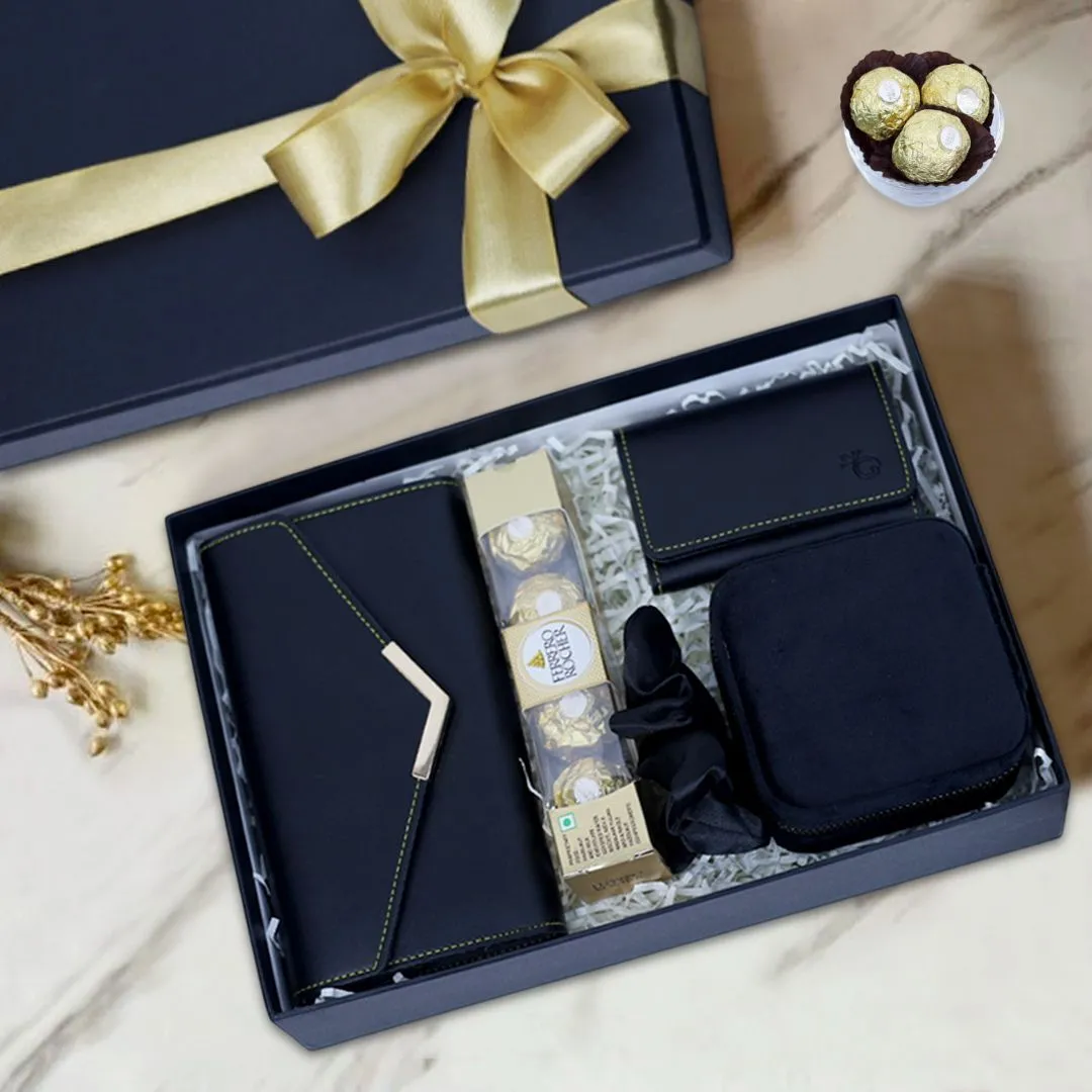 Luxurious Women’s Gift Set : Leather Wallet, Cardholder, jewellery Organizer, Scrunchie & Ferrero Rocher