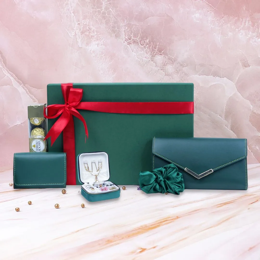 Luxurious Women’s Gift Set : Leather Wallet, Cardholder, jewellery Organizer, Scrunchie & Ferrero Rocher