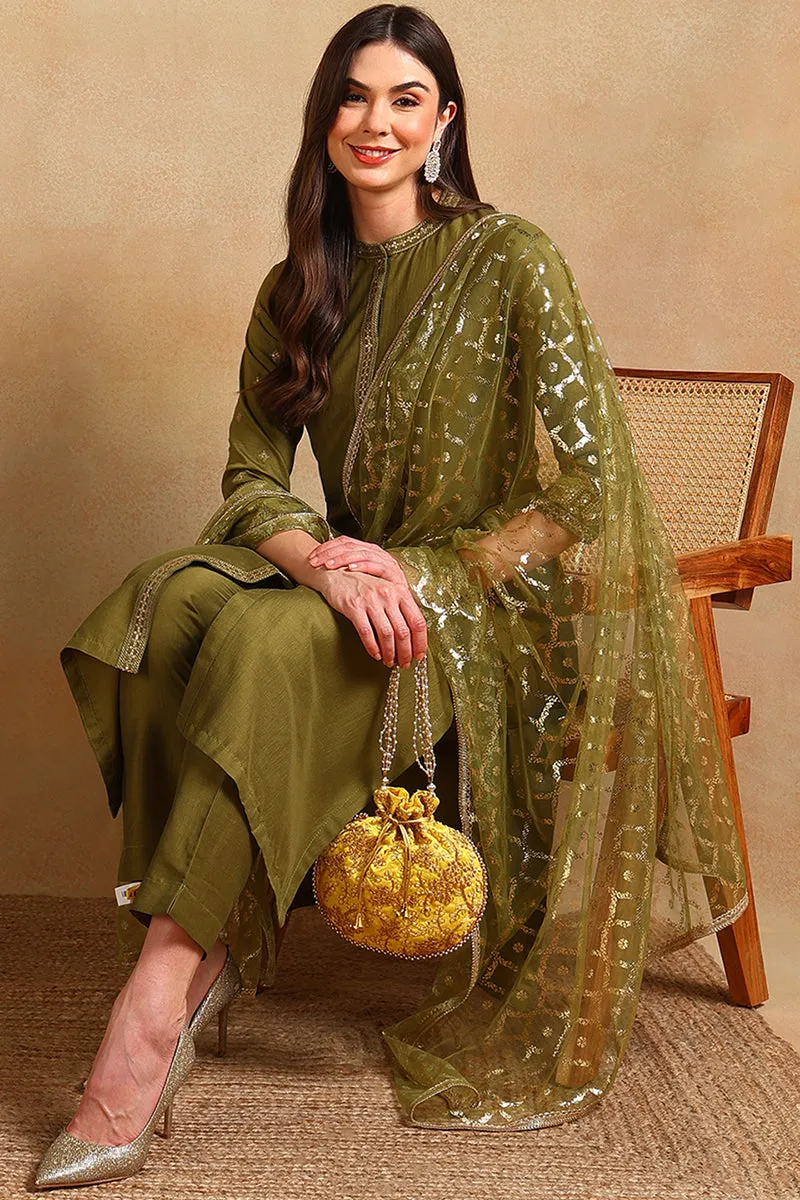 Olive Silk Blend Embroidered Straight Suit Set