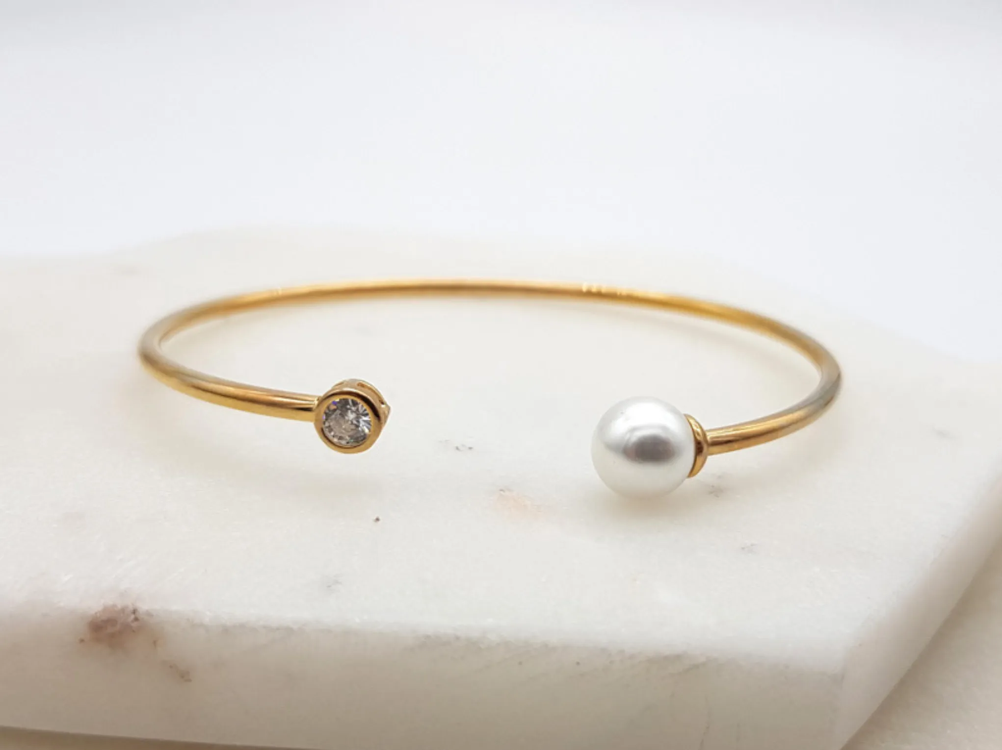 Olivia - Simple Pearl & Crystal Bridal Bangle Bracelet