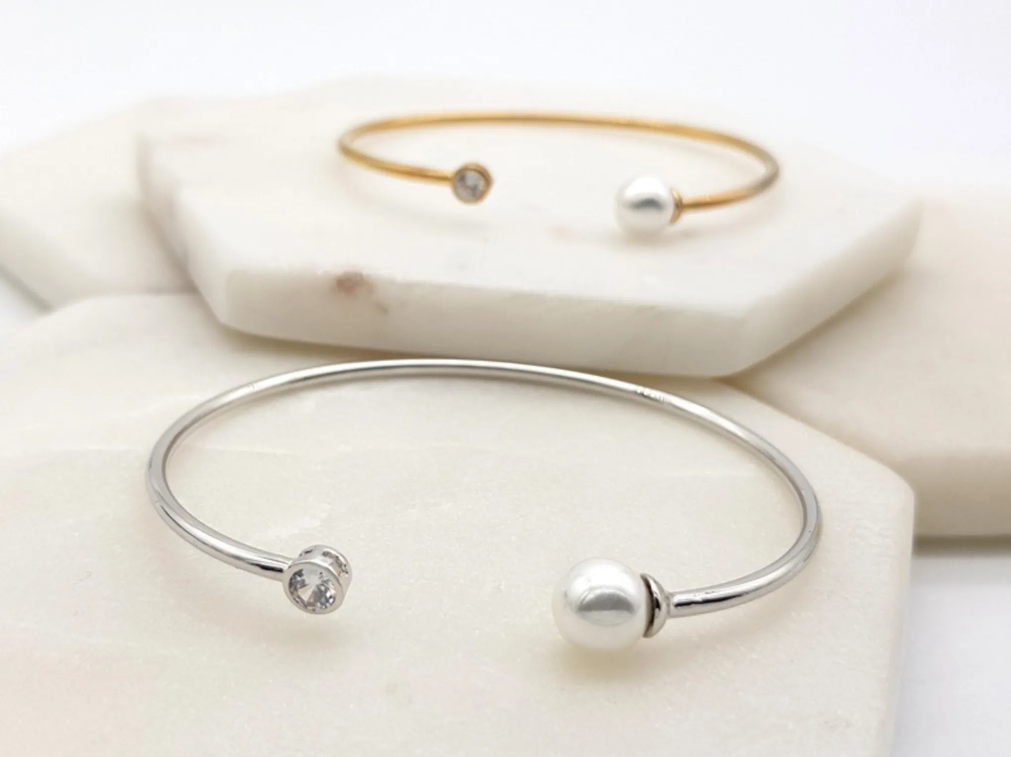 Olivia - Simple Pearl & Crystal Bridal Bangle Bracelet